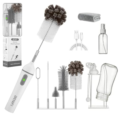 Electric Bottle Cleaner Pro, 11 in 1 Baby Bottle Brush with Drying Rack, Sponge Brush, Silicon Brush, Formula Mixer, Nipple Brush, Soap Dispenser, Microfiber Cleaning Cloth Included