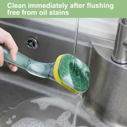 CQT Soap Dispensing Dish Brush Storage Set, Dish Scrubber with Handle, Kitchen Washing Brush for Pot Pan Sink Cleaning, Kitchen Brush with Holder and 1 Replaced Scouring Pad Head - color: Gray