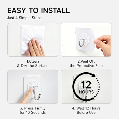 16 Pack Crystal Clear Adhesive Hooks for Hanging, Heavy Duty 22lb Sticky Hooks, Invisible Clear Wall Hooks No Drill No Damage, Waterproof Shower Hooks for Bathroom Kitchen Towel Keys