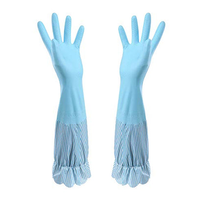 RARITYUS Household Kitchen Cleaning Gloves Waterproof Cotton Lined Dishwashing Non-Slip Long Cuff Gloves - color: B Blue