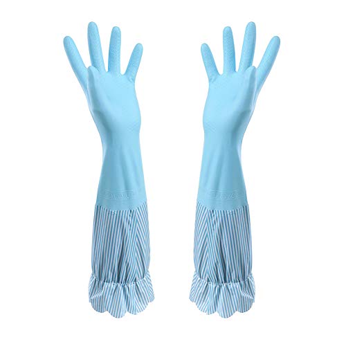 RARITYUS Household Kitchen Cleaning Gloves Waterproof Cotton Lined Dishwashing Non-Slip Long Cuff Gloves - color: B Blue