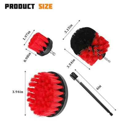 4PCS/Set Car Drill Brush Attachment Set, Vehicle Drill Scrub Brushes Kit with Extended Long Rod, Automotive Power Cleaning Scrubber Accessories, Universal for SUV, Sedan, Truck (Red) - color: Red