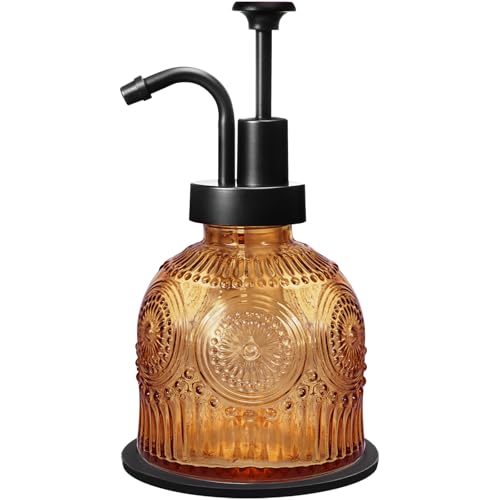 Amolliar 8 Oz Vintage Glass Bathroom Soap Dispensers with Pump, Refillable Kitchen Dish Soap Dispenser with Non-Slip Mat, Antique Rustic Hand Soap Liquid Bottle (Brown-Black Pump) - color: Brown-black Pump, size: 1 PACK