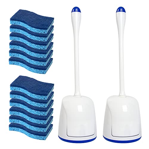 CELOX 12 Pack Dual Sided Non-Scratch Dish Sponge and 2 Set Compact Toilet Brush with Breathable Ventilation Stand Base
