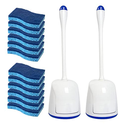 CELOX 12 Pack Dual Sided Non-Scratch Dish Sponge and 2 Set Compact Toilet Brush with Breathable Ventilation Stand Base