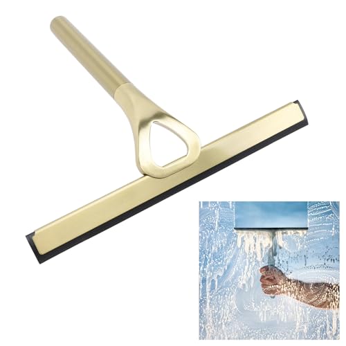 Shower Squeegee for Glass Doors, 304 Stainless Steel Silicone Window Squeegee Bathroom Cleaner Tool Shower Glass Squeegee Shower Door with Hooks for Window Cleaning (Gold) - size: Gold