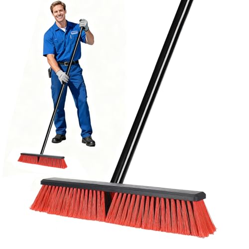 Heavy Duty 18" Push Broom for Outdoor & Indoor Use - Long Handle Snow Broom, Shop Broom for Garage, Garden, Deck, Concrete, Tile, and Carpet Cleaning (Red) - color: Red Bristles With Black Handle
