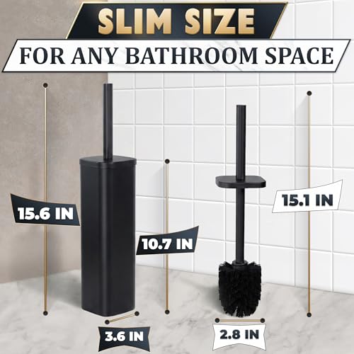 Black Toilet Brush with Square Stainless Steel Holder - Freestanding Toilet Brush and Holder Set Black - Removable Plastic Inner Cup, Splash Guard Cover, Replaceable Head, Corrosion Resistant Finish - color: Black Rounded Square