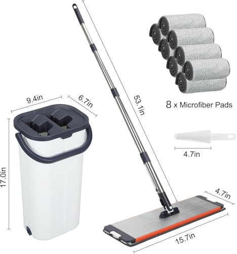 16 Inch Dual-Bucket Spin Mop Set, ， Hands-Free Wringing System，360° Rotating Flat Mop with Separate Clean & Dirty Water, Aluminum Alloy Head & 8 Microfiber Pads