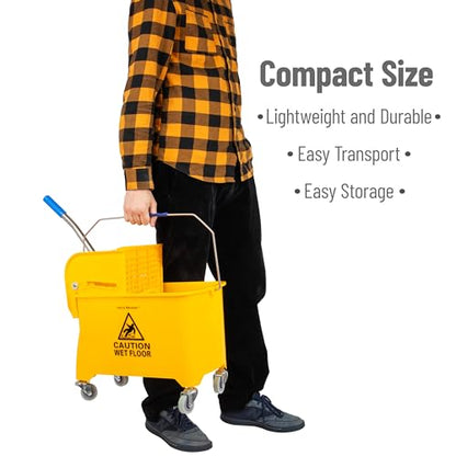 Mind Reader Mop Bucket with Wringer (Mop Not Included), 5.5 Gallon Cleaning Bucket with Wheels and Handle, Upward Press Wringer, Small Mop Compatible, Yellow - size: Mop Bucket Only