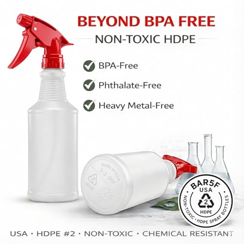 Bar5F Spray Bottles, 16 Oz, 4 Pack, Chemical-Resistant HDPE, BPA-Free, Non-Toxic, Red Trigger Sprayers, Refillable Empty Sprayer Bottle for Cleaning Solutions, Vinegar, Alcohol, Made in USA