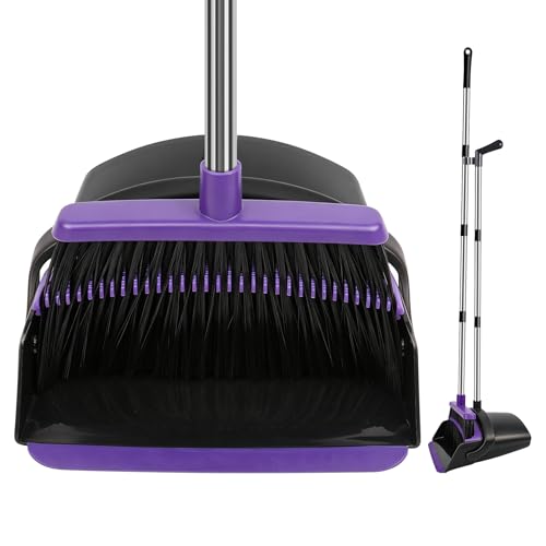 Broom and Dustpan Set, Upright Purple Broom with Dustpan Combo Set 51" Long Handle, Self Cleaning Dust Pan for Home, Kitchen and Office - color: Purple, size: Standard