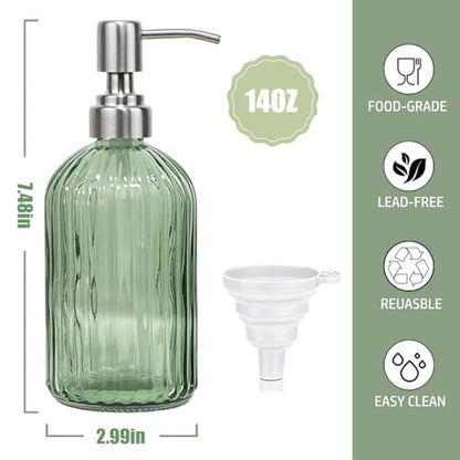 14Oz Green Soap Dispenser Bathroom, Clear Glass Hand Soap Dispensers with Stainless Steel Pump, Refillable Dish Soap Dispenser with Funnel for Kitchen, Countertop Soap Dispensers - color: Green