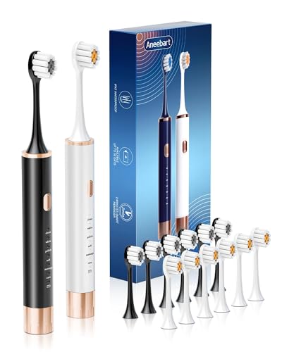 Aneebart Sonic 2 Pack Electric Toothbrush for Adults and Kids, Travel Toothbrush Includes 12 Replacement Toothbrush Heads, 6 Modes with 2 MIN Smart Timer (Black White) - color: Black+white