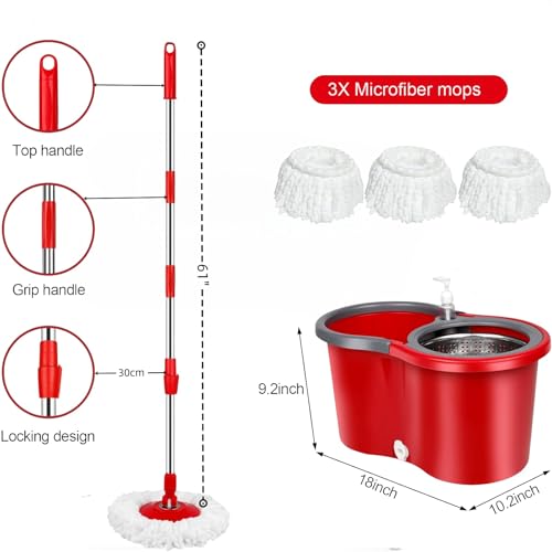 Spin Mop and Bucket with Wringer Set, 360° Spinning Mop Bucket System with 3 Microfiber Mop Replacement Heads Refills,56" Stainless Steel Extended Handle for Floor Cleaning Home(20QT) (Green) (Red) - color: Red