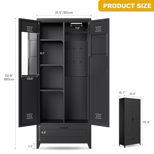 DWVO Metal Garage Storage Cabinet with Pegboard, 71" Tall Broom Cabinet with Lights, Adjustable Shelves, Heavy Duty Tool Storage Cabinet for Garage, Cleaning Room, Gym