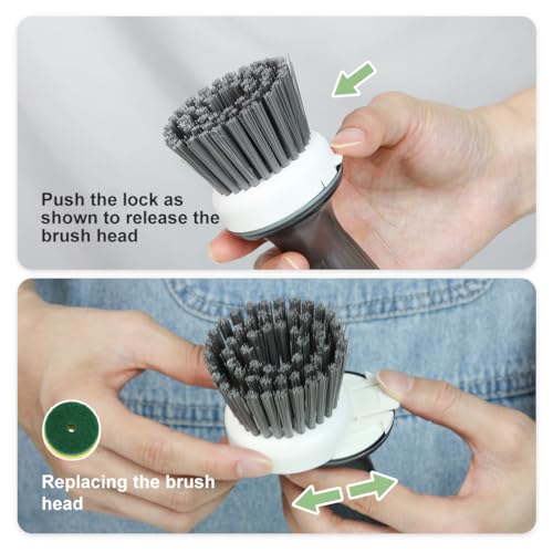 CQT Dish Brush with Soap Dispenser – One-Press Suds, Built-in Scrubbing Pad, Non-Slip Handle for Pots, Pans & Non-Stick Cookware – Includes 2 Refill Heads - color: Gray