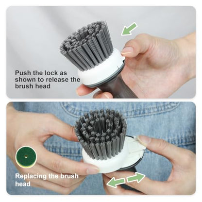 CQT Dish Brush with Soap Dispenser – One-Press Suds, Built-in Scrubbing Pad, Non-Slip Handle for Pots, Pans & Non-Stick Cookware – Includes 2 Refill Heads - color: Gray