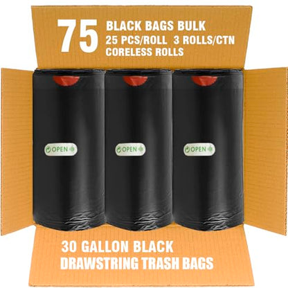 BEIDOU-PAC 30 Gallon Trash Bags Drawstring, 75 Count Bulk, Black & Unscented, Multi-purpose Garbage Bags Can Liners for Business Home Kitchen Commercial and Industrial - style: 30 Gallon |75 Count