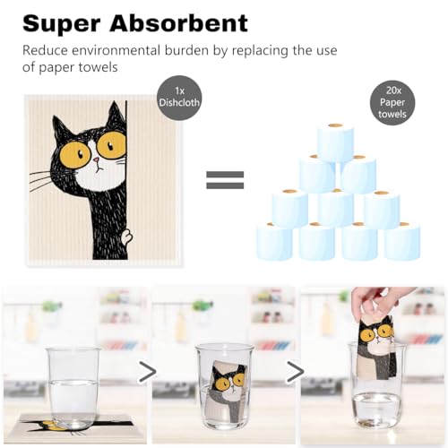 5 Pcs Cartoon Cute Peeking Kitten Swedish Dishcloths, Kitty Swedish Dishcloth, Funny Cat Dish Cloths for Drying Dishes, Reusable Cleaning Cloths, Cat Lover Gifts for Women 1 - color: Lm 03432