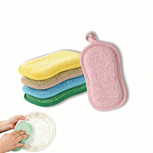 Multipurpose Kitchen Scrub Sponges, Heavy Duty Cleaning Non-Scratch Scrub Sponge, Double-Sided Reusable Microfiber Sponge with Hanging Rope for Household Cleaning, Dishes, Pots (5 Colors)