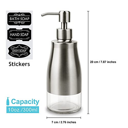 AUMIO Dish Soap Dispenser with Stickers, Kitchen Soap Dispensers Brushed Nickel Stainless Steel and Glass Combined, Refillable Liquid Hand Soap Dispenser for Bathroom & Kitchen (11OZ / 320ML) - color: Silver