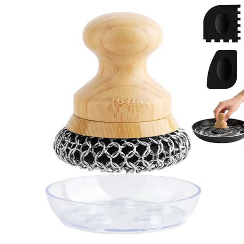 Cast Iron Scrubber and Scraper,Chain Mail Cleaner with Bamboo Handle & Draining Tray,316 Stainless Steel Brush for Cleaning Pots,Pans,Wok,Bakeware,Griddles, Grills,Dishes (Large Chain Mail) - size: Large chain ring