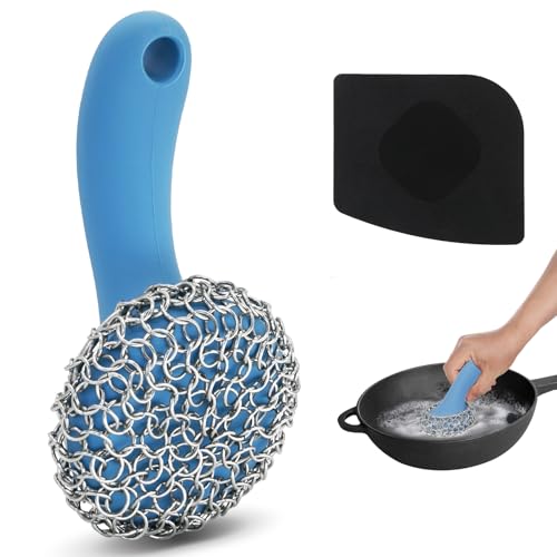 Cast Iron Scrubber with Long Handle | 316 Cast Iron Cleaner Chainmail Scrubber for Pan Skillet Cleaner - Dish Scouring Pad Dishwasher Safe Cleaning Kit (Blue, 1 Scrubber + 1 Scraper) - color: Blue, 1 Scrubber + 1 Scraper