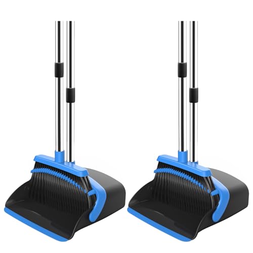 NACENA Broom and Dustpan Set, 52-in Long Adjustable Handle Broom Dustpan Combo with Dustpan Teeth to Automatically Clean Hair Suitable for Home Kitchen Office Hall Floor (Black&Blue), 2 Pack - color: Black-blue, size: 2 Pack