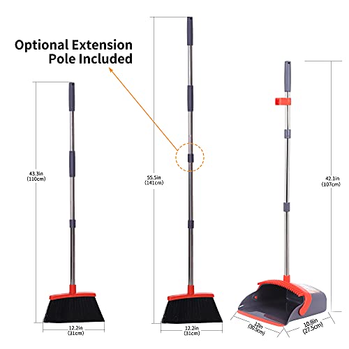 Broom with Dustpan Combo Set Broom and Dustpan Set Dust Pan with Stainless Steel Long Handle, Brooms with 5-Layer Soft Bristles for Sweeping Office Kitchen Home Pet Hair Lobby - color: Purple&red