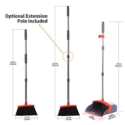 Broom with Dustpan Combo Set Broom and Dustpan Set Dust Pan with Stainless Steel Long Handle, Brooms with 5-Layer Soft Bristles for Sweeping Office Kitchen Home Pet Hair Lobby - color: Purple&red