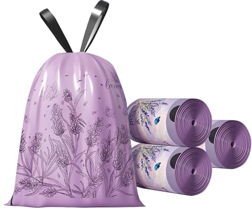 2.6 Gallon Small Trash Bags 150pcs Tearing-Free Drawstring for Bathroom Office Home Bedroom Trash Can with Purple Lavender Printed Garbage Basket Bags (2.6 Gallon Purple, 150 Count) - size: 1 Count (Pack of 150)