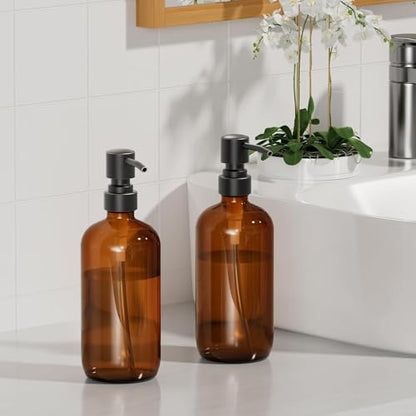 AmazerBath Amber Glass Soap Dispensers, 2 Glass Amber Pump Bottles, 17 Oz Dish Soap Dispenser, Kitchen Bathroom Hand Soap Dispensers for Hand Sanitiser, Shampoo, Lotion, Shower Gel Conditioner - color: Brown
