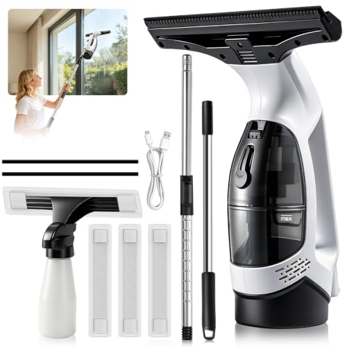 Window Vacuum Squeegee with Extendable Pole 31-40", 2000Pa Electric Window Cleaning Tool with 2200mAh and 150ml Dirty Water Tank, Long Handle Squeegee for Windows, Shower Doors, Mirrors, and Tiles