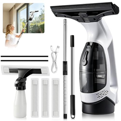 Window Vacuum Squeegee with Extendable Pole 31-40", 2000Pa Electric Window Cleaning Tool with 2200mAh and 150ml Dirty Water Tank, Long Handle Squeegee for Windows, Shower Doors, Mirrors, and Tiles