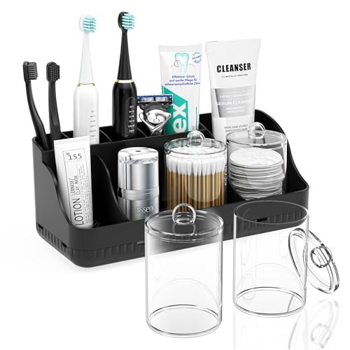 Bathroom Counter Organizer and Storage with 2 Pack Qtip Holder Dispenser, 7 Slots Detachable Toothbrush Holders for Bathrooms, Anti-Slip Electric Toothbrush and Toothpaste Holder Countertop - color: Black Sets