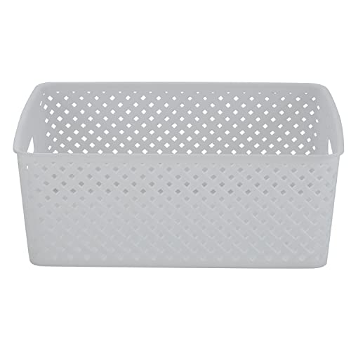 Simplify Medium Resin Wicker Storage Bin | Dimensions: 14"x11.5"x5.15" | Durable | 2 Open Handles | Wicker Design | Light Weight | Home Organization | White