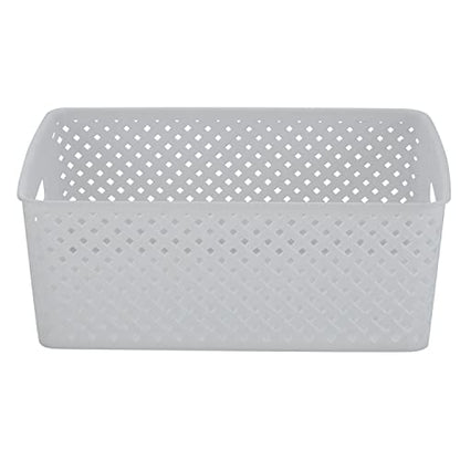 Simplify Medium Resin Wicker Storage Bin | Dimensions: 14"x11.5"x5.15" | Durable | 2 Open Handles | Wicker Design | Light Weight | Home Organization | White