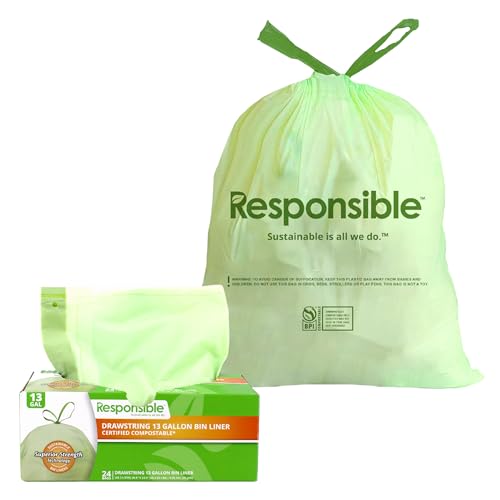 Responsible Products Kitchen Bin Liners, Certified Compostable, Heavy Duty Multipurpose Food Scrap Bags, Made from Compostable Materials (13 Gallon Drawstring, 13 Gallon (24 Count)) - size: 13 Gallon (24 Count), style: 13 Gallon Drawstring