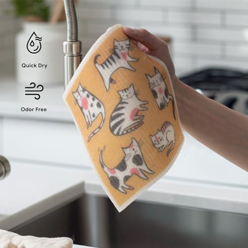 RECYCO Swedish Dishcloths for Kitchen | 6 Pack Cuddly Cats Washable Dish Rags | Cellulose Reusable Cleaning Paper Towels | Absorbent Counter Dish Cloth Sponge Kitchen Wipes, 8" L x 7" W - color: Cuddly Cats - 6 Pack