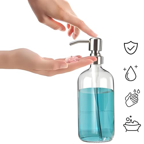 Clear Glass Soap Dispenser - Refillable Liquid Hand Lotion Dispenser for Kitchen Bathroom with Rust Proof Stainless Steel Pump (17OZ/ 500ML) (2 Pack)