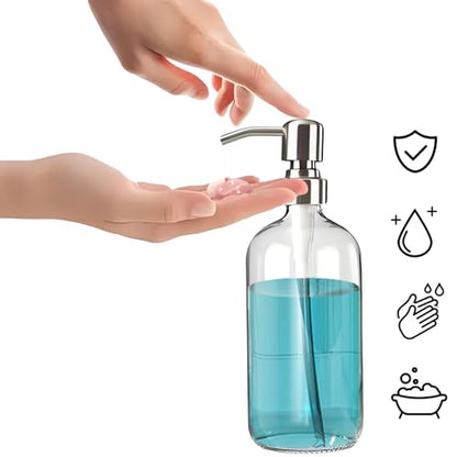 Clear Glass Soap Dispenser - Refillable Liquid Hand Lotion Dispenser for Kitchen Bathroom with Rust Proof Stainless Steel Pump (17OZ/ 500ML) (2 Pack)