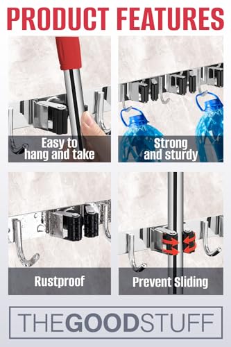 The Good Stuff Compact Mop and Broom Holder Wall Mount – Stainless Steel Organizer with 3 Racks and 2 Hooks – Rust-Resistant, Space-Saving Tool Hanger for Closet, Kitchen, Garage, or RV - size: Compact