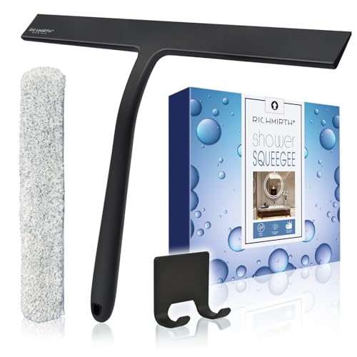 12 Inch Silicone Shower Squeegee for Glass Doors with Hook - Streak-Free Window Cleaner for Bathroom, Mirror, Tile & Car, No Scratch Squeegee with Metal Core (Black) - color: 12 Inch Black