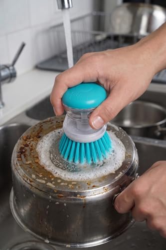 Soap Dispensing Palm Brush, Blue, Easy-Fill Scrubber for Kitchen & Home Cleaning, Pack of 1, Hampton Distribution