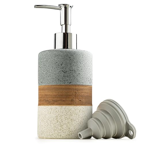Ceramic Soap Dispenser Set for Hand Soap, Shampoo, Dish Soap, Conditioner, Bathroom & Kitchen, Stainless Steel Pump, Includes Silicone Funnel, 12 Oz, Non-Slip, Elegant Kitchen Decor, Gray - color: Gray and White, size: 1xSoap Dispenser