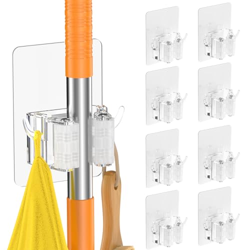 8 PackBroom Holder Wall Mount, New Version Adhesive Mop and Broom Holder Wall Mount, Super Anti-Slip Broom Hanger Mop Organizer Wall Hanging for Bathroom, Kitchen, Laundry Room - color: White