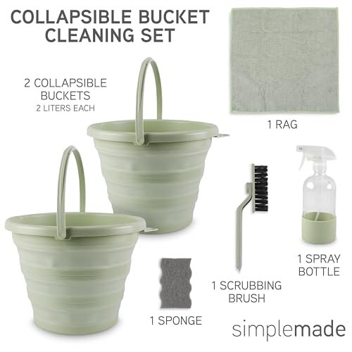 SIMPLEMADE Collapsible Bucket Cleaning Set - Includes 2 Foldable Buckets, Spray Bottle, Rag, Scrubbing Brush and Sponge - Holds Up to 10 liters, Easy Storage, All-Purpose Cleaning Solution - color: Sage