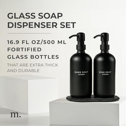 MaisoNovo Soap Dispenser 3 Piece Set - 16.9oz Black Bottles with Black Stainless Steel Pump Core - color: Black Bottles/ Black Pumps/ Black Slate Tray