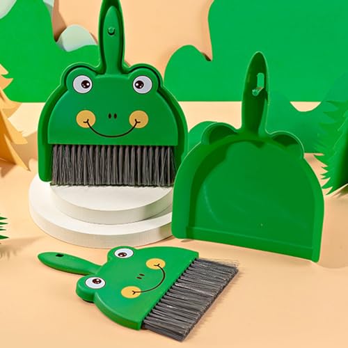 Mini Dustpan and Brush Set, Cartoon Small Broom and Dustpan Cleaning Set Hand Whisk Broom Set Portable Tabletop Crumb Sweeper Cleaning Tools for Office(Frog) - size: Frog